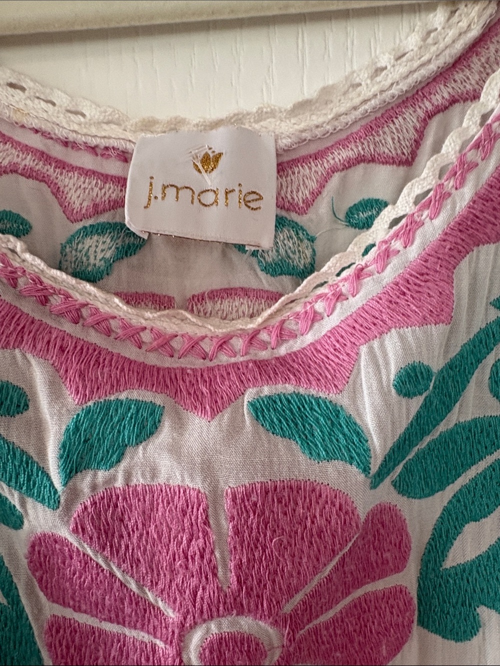 J. Marie Gorgeous Embroidered Floral Cotton Blouse — Pink & Teal - Picture 3 of 4
